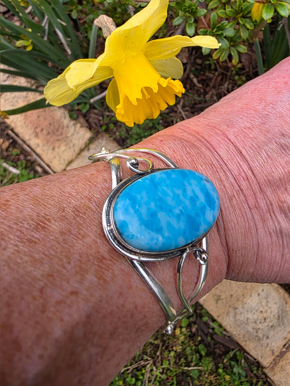 Larimar Gemstone Cuff Bracelet In 925 Sterling Silver (Adjustable)